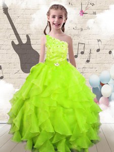 One Shoulder Yellow Green Sleeveless Beading and Ruffles Floor Length Girls Pageant Dresses