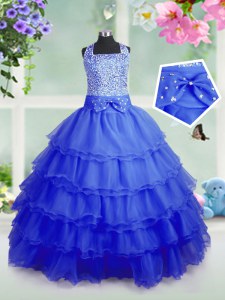 Attractive Royal Blue Organza Zipper Square Sleeveless Floor Length Girls Pageant Dresses Beading and Ruffled Layers