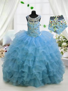 Scoop Ruffled Floor Length Ball Gowns Sleeveless Baby Blue Custom Made Lace Up