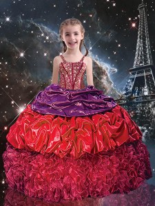 Sleeveless Organza Floor Length Lace Up Little Girl Pageant Gowns in Red with Beading and Ruffles and Pick Ups