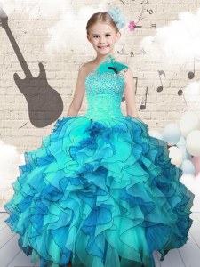 Custom Made One Shoulder Sleeveless Beading and Ruffles Lace Up Little Girls Pageant Dress Wholesale