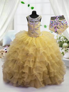 Scoop Sleeveless Little Girls Pageant Dress Floor Length Beading and Ruffled Layers Light Yellow Organza