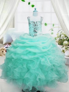 Adorable Pick Ups Floor Length Ball Gowns Sleeveless Baby Blue Kids Pageant Dress Lace Up