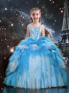 Sleeveless Floor Length Beading and Ruffles Lace Up Juniors Party Dress with Baby Blue