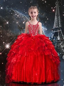 Red Ball Gowns Spaghetti Straps Sleeveless Organza Floor Length Lace Up Beading and Ruffles Little Girls Pageant Dress
