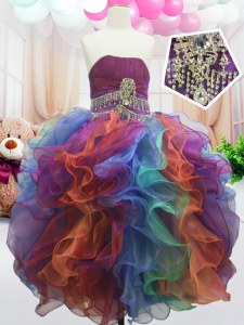 Low Price Multi-color Ball Gowns Organza Strapless Sleeveless Beading and Ruffles Floor Length Zipper Womens Party Dresses