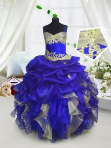 Sleeveless Floor Length Beading and Ruffles and Pick Ups Lace Up Little Girls Pageant Gowns with Royal Blue