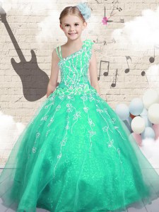 Apple Green Ball Gowns Appliques Juniors Party Dress Lace Up Tulle Sleeveless Floor Length