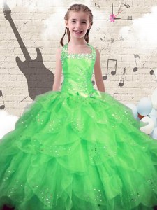 Halter Top Floor Length Green Child Pageant Dress Organza Sleeveless Beading and Ruffles