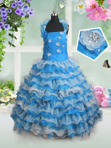 Baby Blue Sleeveless Floor Length Beading and Appliques and Ruffled Layers Lace Up Child Pageant Dress