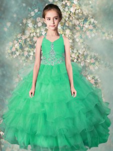 Halter Top Sleeveless Organza Floor Length Zipper Womens Party Dresses in Teal with Beading and Ruffles
