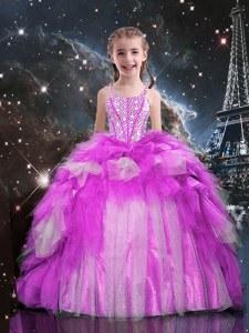One Shoulder Beading and Ruffled Layers Party Dress for Girls Fuchsia Lace Up Sleeveless Floor Length