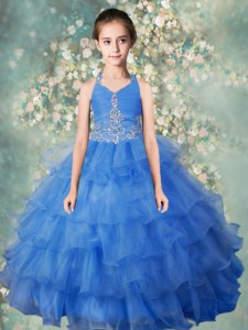Halter Top Baby Blue Sleeveless Floor Length Beading and Ruffled Layers Zipper Child Pageant Dress