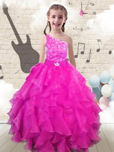 Trendy One Shoulder Floor Length Lace Up Little Girls Pageant Gowns Hot Pink for Party and Wedding Party with Beading and Ruffles