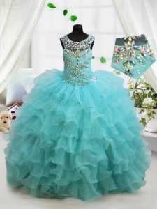 Stylish Scoop Aqua Blue Sleeveless Floor Length Beading and Ruffled Layers Lace Up Child Pageant Dress