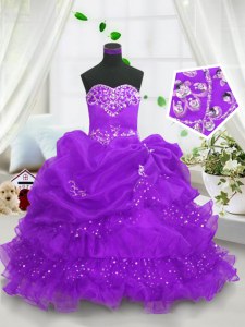 Amazing Purple Ball Gowns Beading and Ruffled Layers and Pick Ups Party Dress Wholesale Lace Up Organza Sleeveless Floor Length