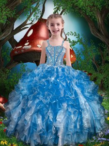 Floor Length Blue Little Girl Pageant Gowns Spaghetti Straps Sleeveless Lace Up