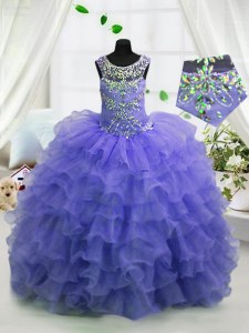 Perfect Lavender Ball Gowns Organza Scoop Sleeveless Beading and Ruffled Layers Floor Length Lace Up Child Pageant Dress