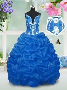 Taffeta V-neck Sleeveless Lace Up Beading and Pick Ups Little Girl Pageant Gowns in Aqua Blue