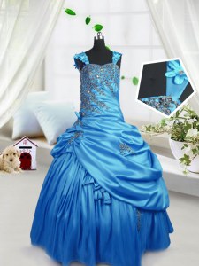Aqua Blue Straps Zipper Beading and Pick Ups Little Girl Pageant Gowns Sleeveless