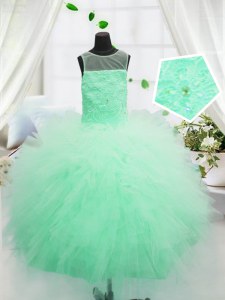 Custom Design Apple Green Ball Gowns Scoop Sleeveless Tulle Floor Length Zipper Beading and Appliques Custom Made