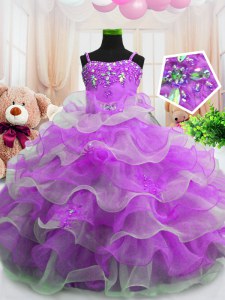 Low Price Purple Ball Gowns Organza Spaghetti Straps Sleeveless Beading and Ruffled Layers Floor Length Zipper Girls Pageant Dresses