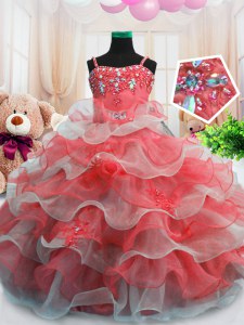 Gorgeous Red Zipper Spaghetti Straps Beading and Ruffled Layers Little Girl Pageant Dress Organza Sleeveless