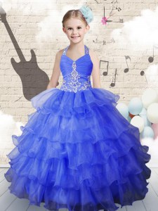 Halter Top Sleeveless Beading and Ruffled Layers Lace Up Child Pageant Dress