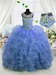 Affordable Light Blue Ball Gowns Organza Scoop Sleeveless Beading and Ruffled Layers Floor Length Lace Up Little Girl Pageant Dress