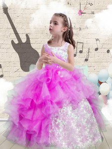 Exquisite Scoop Sleeveless Kids Formal Wear Floor Length Beading and Ruffled Layers Purple Organza