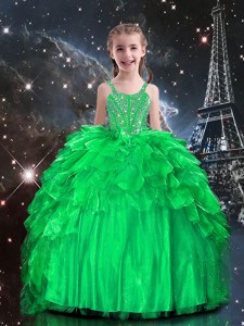 Trendy Spaghetti Straps Sleeveless Little Girls Pageant Gowns Floor Length Beading and Ruffles Apple Green Organza
