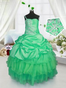 Classical Floor Length Apple Green Pageant Gowns For Girls Satin and Tulle Sleeveless Beading and Ruffled Layers and Pick Ups