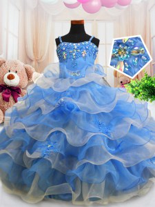 Charming Blue Sleeveless Floor Length Beading and Ruffled Layers Zipper Little Girls Pageant Gowns