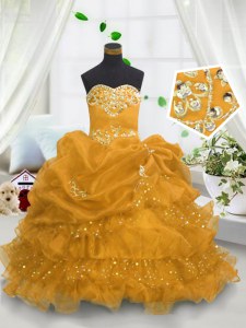 Gold Sweetheart Neckline Beading and Ruffled Layers and Pick Ups Child Pageant Dress Sleeveless Lace Up