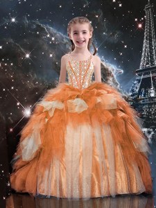 Perfect Ruffled Spaghetti Straps Sleeveless Lace Up Kids Formal Wear Gold Tulle