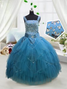 Sleeveless Lace Up Floor Length Beading and Ruffles Little Girl Pageant Dress