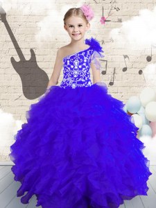 One Shoulder Sleeveless Organza Kids Pageant Dress Embroidery and Ruffles and Hand Made Flower Lace Up