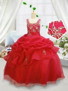 Coral Red Ball Gowns Organza Straps Sleeveless Beading and Pick Ups Floor Length Lace Up Little Girls Pageant Dress Wholesale