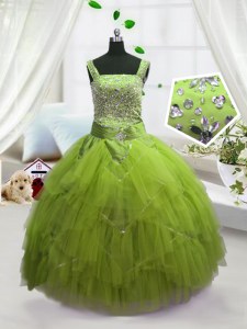 Beading and Ruffles Child Pageant Dress Yellow Green Lace Up Sleeveless Floor Length