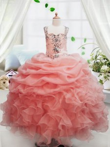 Sleeveless Floor Length Beading and Ruffles and Pick Ups Zipper Kids Formal Wear with Peach
