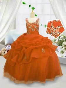 Pick Ups Floor Length Ball Gowns Sleeveless Orange Pageant Gowns For Girls Lace Up