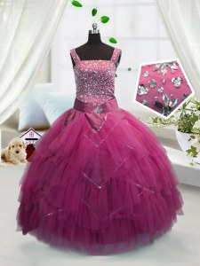 Ball Gowns Little Girls Pageant Dress Wholesale Rose Pink Straps Tulle Sleeveless Floor Length Lace Up