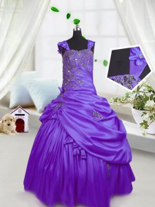 Great Satin Straps Sleeveless Lace Up Beading and Pick Ups Teens Party Dress in Purple