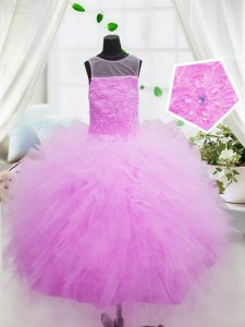 Scoop Floor Length Hot Pink Pageant Gowns For Girls Tulle Sleeveless Beading and Appliques