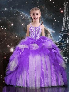 Floor Length Lace Up Little Girl Pageant Gowns Purple for Party and Wedding Party with Beading and Ruffles