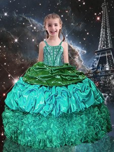 Customized Sleeveless Floor Length Beading and Ruffles Lace Up Little Girls Pageant Dress with Green