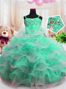 Sleeveless Organza Floor Length Zipper Teens Party Dress in Green with Beading and Ruffled Layers