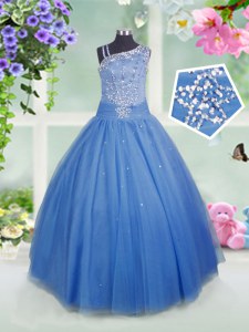 Best Baby Blue Sleeveless Tulle Side Zipper Pageant Gowns For Girls for Party and Wedding Party
