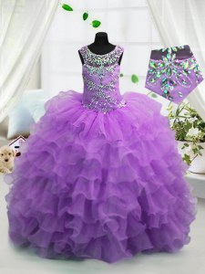 Lavender Ball Gowns Scoop Sleeveless Organza Floor Length Lace Up Beading and Ruffled Layers Little Girls Pageant Gowns
