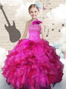 One Shoulder Hot Pink Organza Lace Up Kids Formal Wear Sleeveless Floor Length Beading and Ruffles
